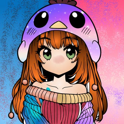 anime girl with chick shaped hat with sweater with bare shoulders with bangs covering them one eye with low tail