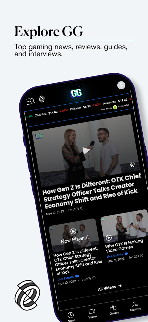 Decrypt: Bitcoin & crypto news - Screenshot of the Decrypt app GG hub showing gaming news videos and crypto price tickers