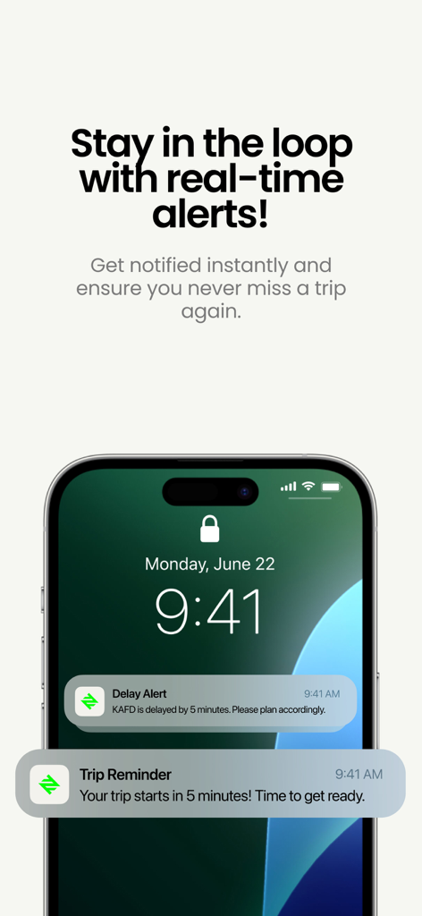 Real time transit delay alerts and trip reminders shown on a smartphone lock screen