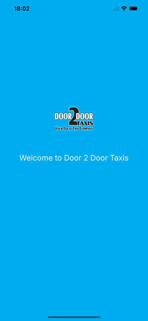 Door 2 Door Taxis app splash screen with logo and welcome message on a blue background