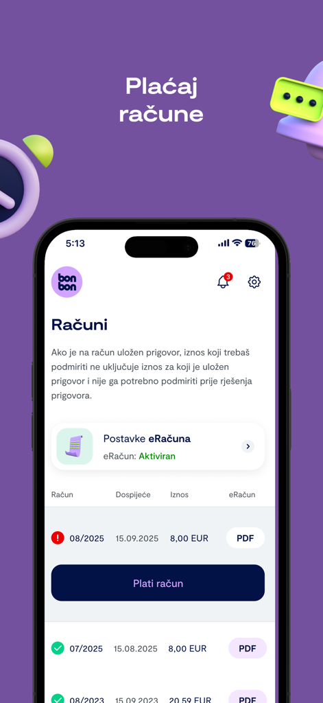 Moj bonbon app billing screen showing a list of invoices and a button to pay bills