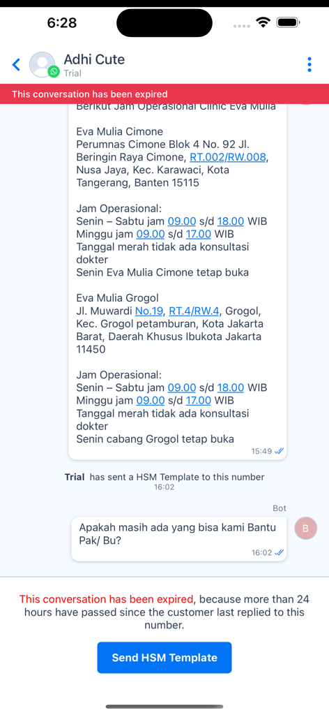 A screenshot of the Qontak Chat app showing an expired business conversation with a button to send an HSM template.