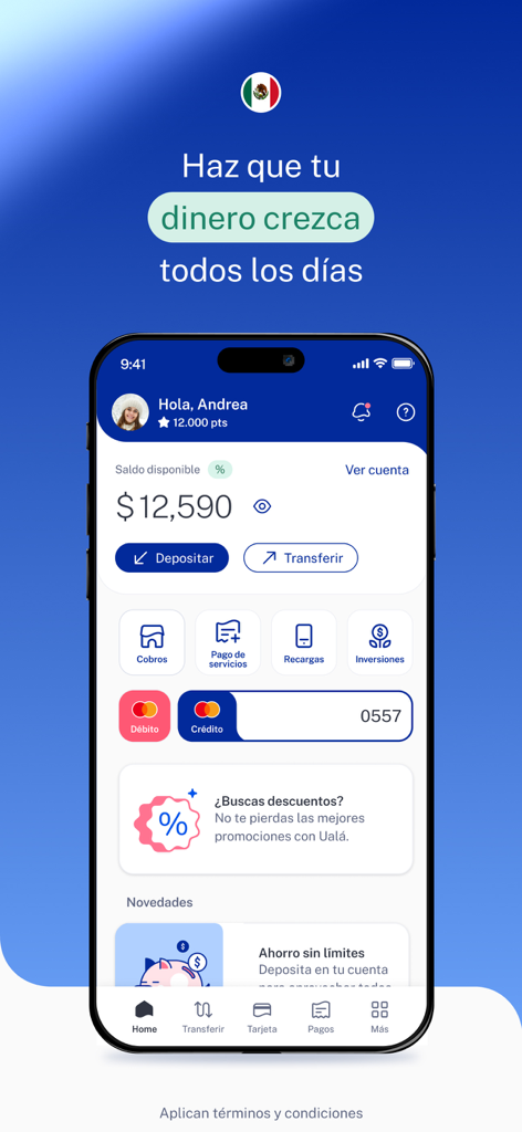 Ualá - Panel de la aplicación móvil de Ualá mostrando el saldo de la cuenta y los servicios financieros para el mercado mexicano