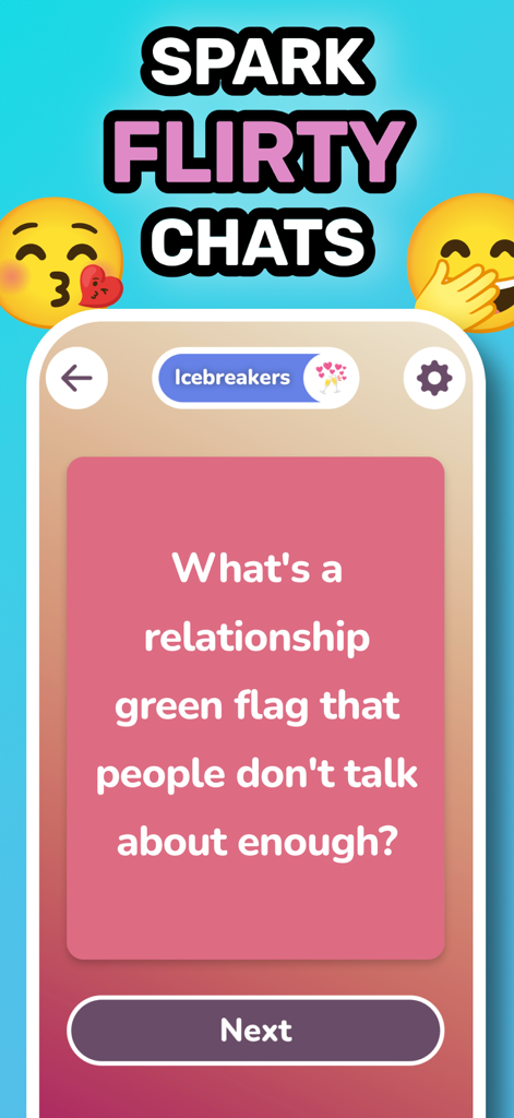 9 Games for Couples or Dates - Pantalla del juego Rompehielos de la app Pulse que muestra una pregunta sobre la relación