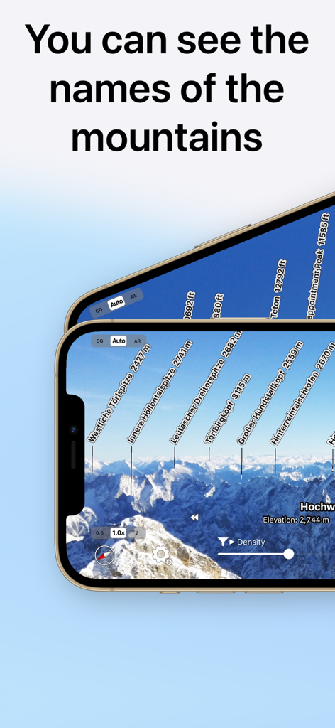 L'application AR AlpineGuide affichant les noms et altitudes des sommets montagneux en réalité augmentée sur l'écran d'un smartphone