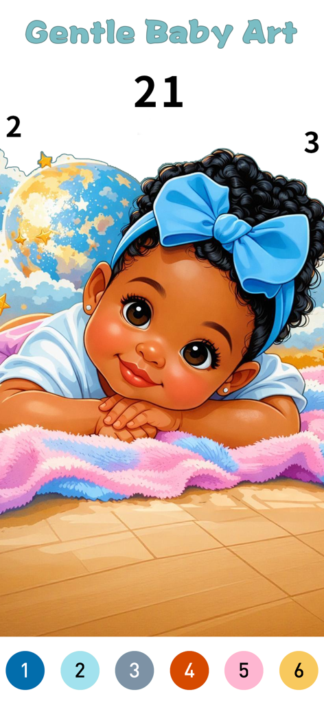 Cradle Color By Number - Color by number interface featuring an illustration of a baby with a blue bow under the title Gentle Baby Art