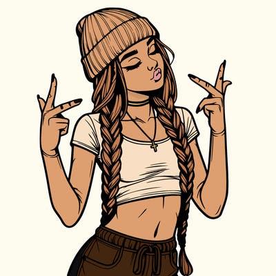 realistic teenage girl with braids and a beanie and crop top doing 🫶🏼
