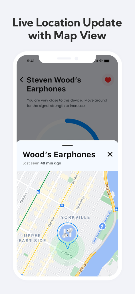 Device Tracker - Uma captura de tela do aplicativo Localizador de Dispositivos mostrando uma localização de mapa ao vivo para encontrar fones de ouvido sem fio perdidos