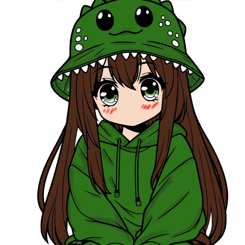 girl with anime shaped eyes with a dinosaur bucket hat oversized sweatshirt long straight hair