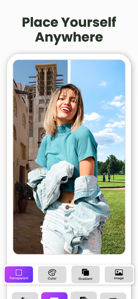 Photo Background Remover AI - A screenshot of the Photo Background Remover AI app showing a split-screen comparison of a woman in front of two different backgrounds with options to edit.