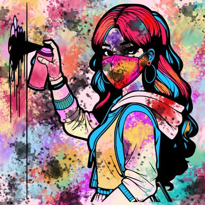 realistic girl with mask spray painting a wall