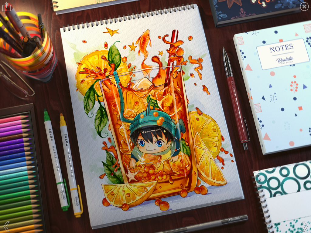 Realistic Paint Studio - Ilustración digital a marcador de un personaje en un vaso de té en un cuaderno de bocetos realista