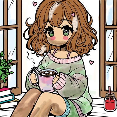cute anime girl reading book and drinking hot chocolate from mug with loose wavy hair wearing a baggy sweatshirt and shorts sitting by windowsill looking out