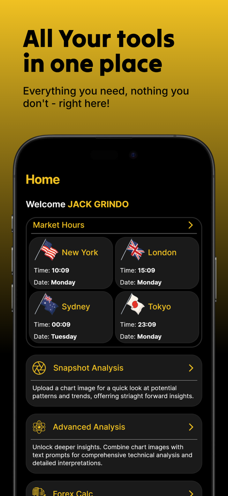 ForexView - Schermata principale di ForexView che mostra gli orari dei mercati forex globali e le funzionalità di analisi grafica AI