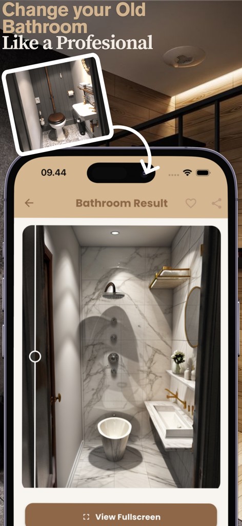 A before and after comparison of a bathroom renovation using AI design technology on a mobile app interface