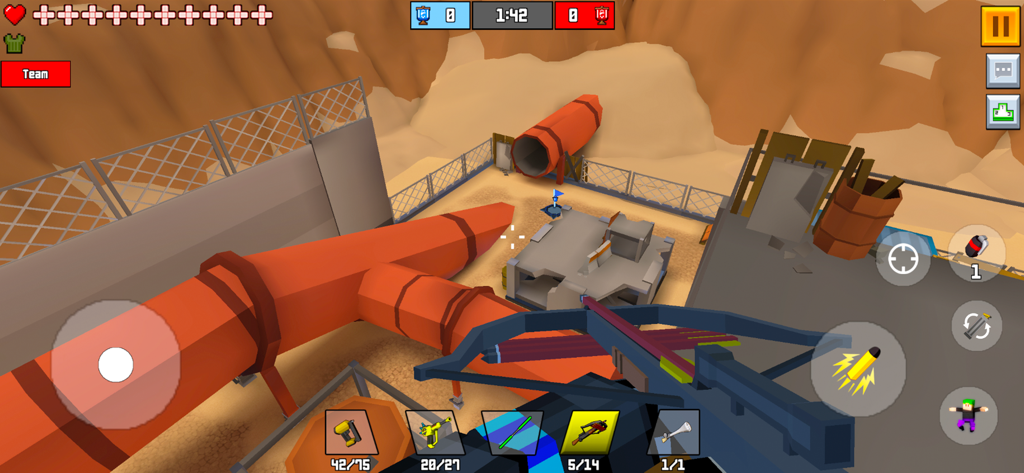 Pixel Fury Classic FPS Shooter - First person view of a player holding a crossbow in a blocky desert industrial map in Pixel Fury