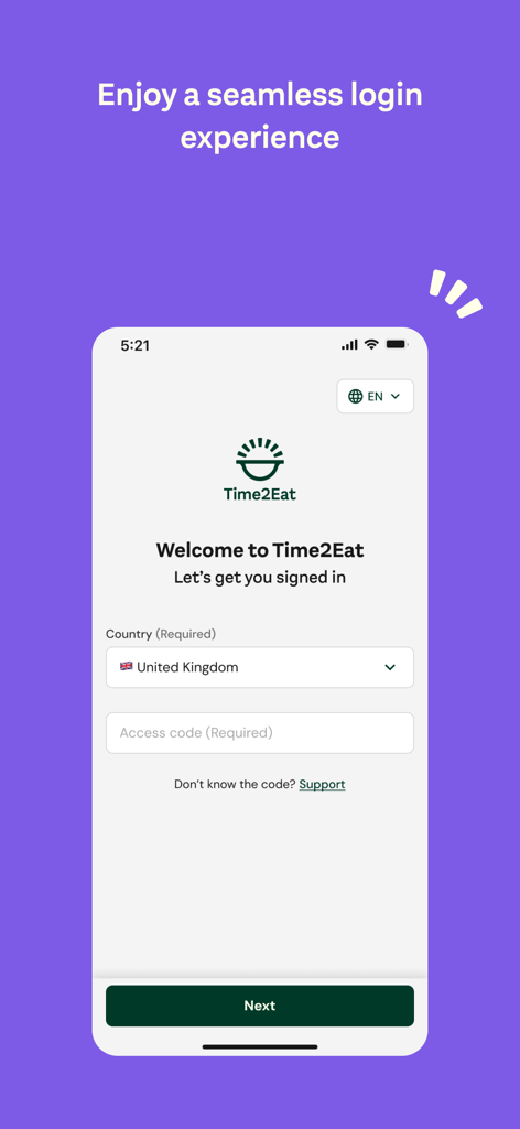Time2Eat by Compass Digital - Time2Eat mobile app login screen with access code input