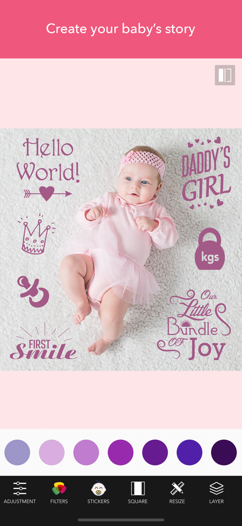 Pregnancy & Baby Milestone Art - Baby girl photo decorated with purple digital milestone stickers and text overlays within an editing app