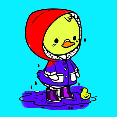 baby duck in a rain coat and boots, in a puddle while it’s raining