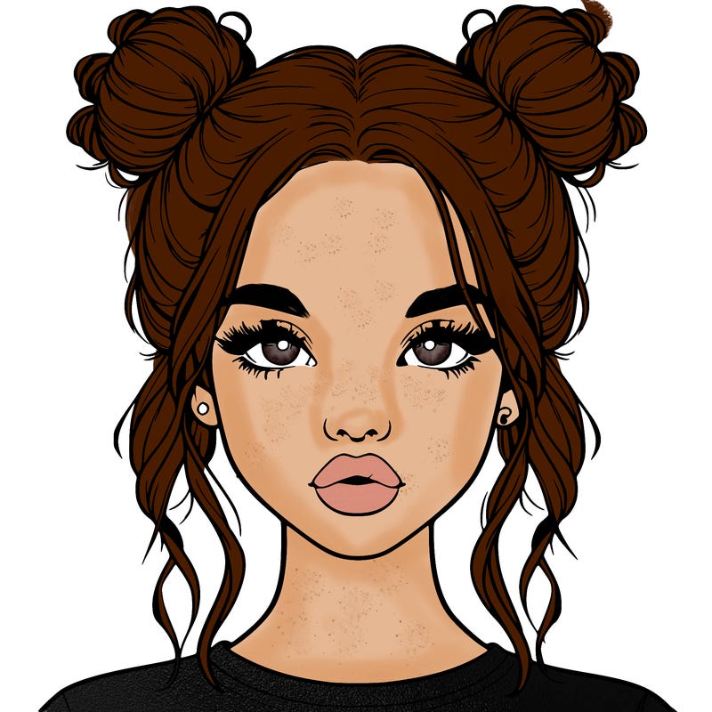 realistic girl with two buns in hair and lips
