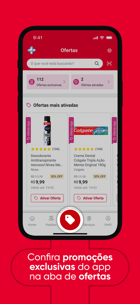 The exclusive offers screen of the Drogarias Pacheco app featuring discounts on health and hygiene products.