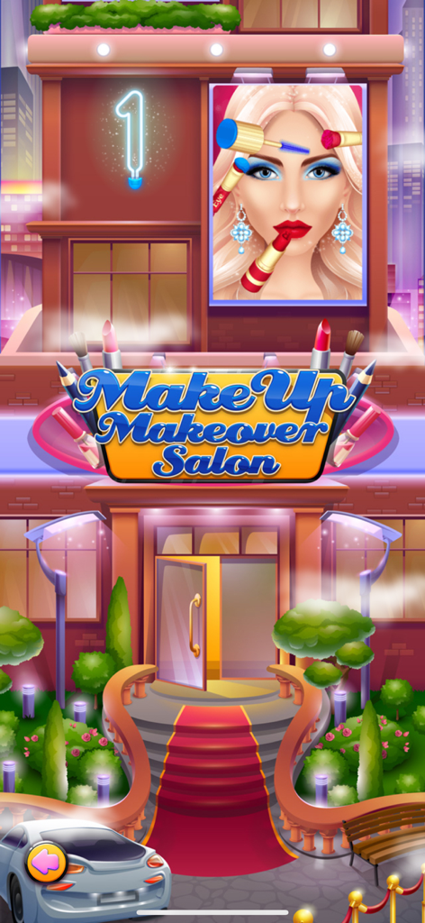 Main menu of the Make Up Makeover Salon Party game showing a glamorous salon with a red carpet entrance.