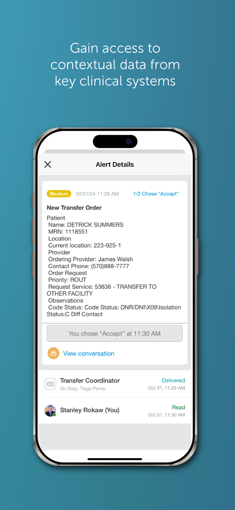 TigerConnect mobile app displaying a clinical alert for a new patient transfer order with MRN and status