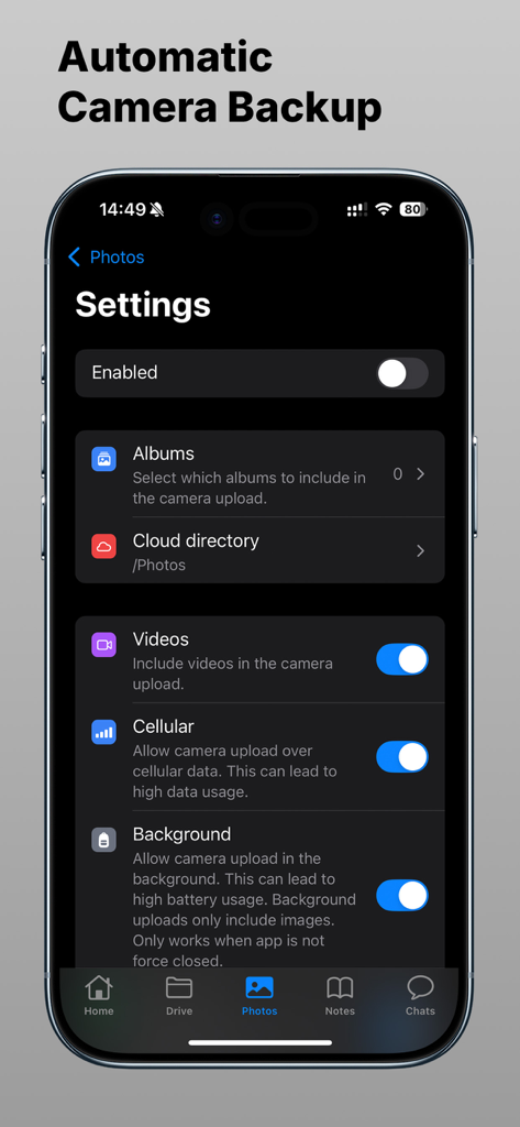 Filen - Cloud Storage - Screenshot of Filen cloud storage app settings for automatic camera backup on an iPhone.