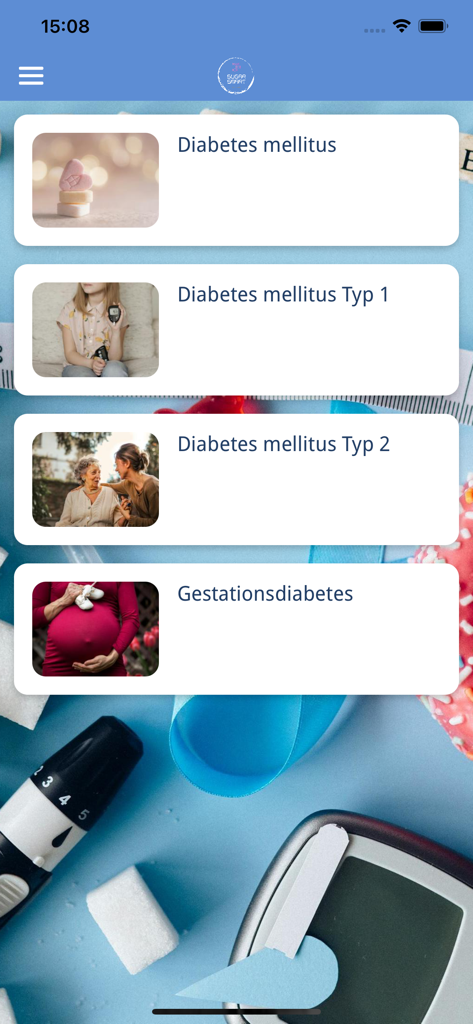 SugarSmart - The SugarSmart app main screen showing menu items for different types of diabetes including Type 1, Type 2, and gestational diabetes.
