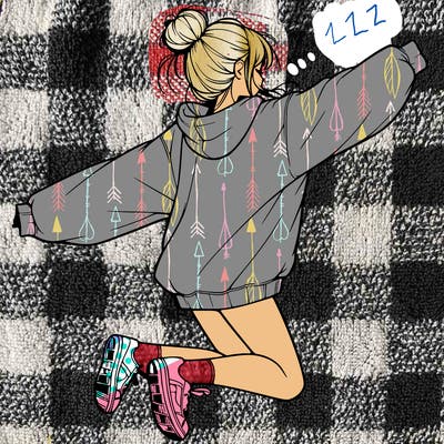 realistic girl jumping with a bun and oversized sweatshirt