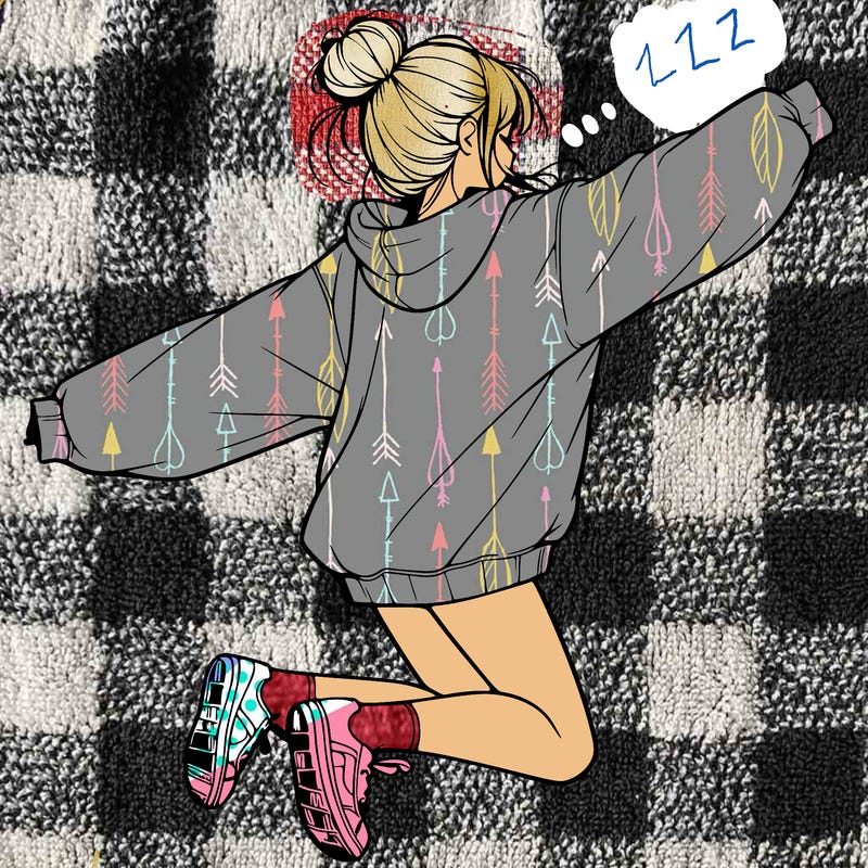 realistic girl jumping with a bun and oversized sweatshirt