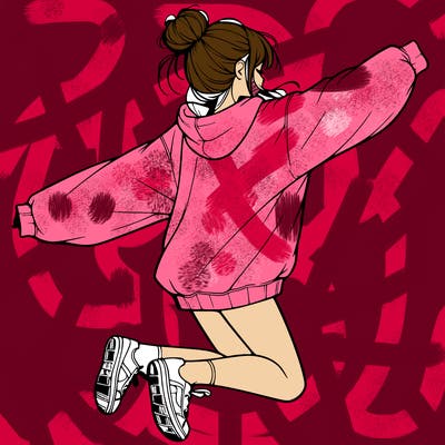 realistic girl jumping with a bun and oversized sweatshirt