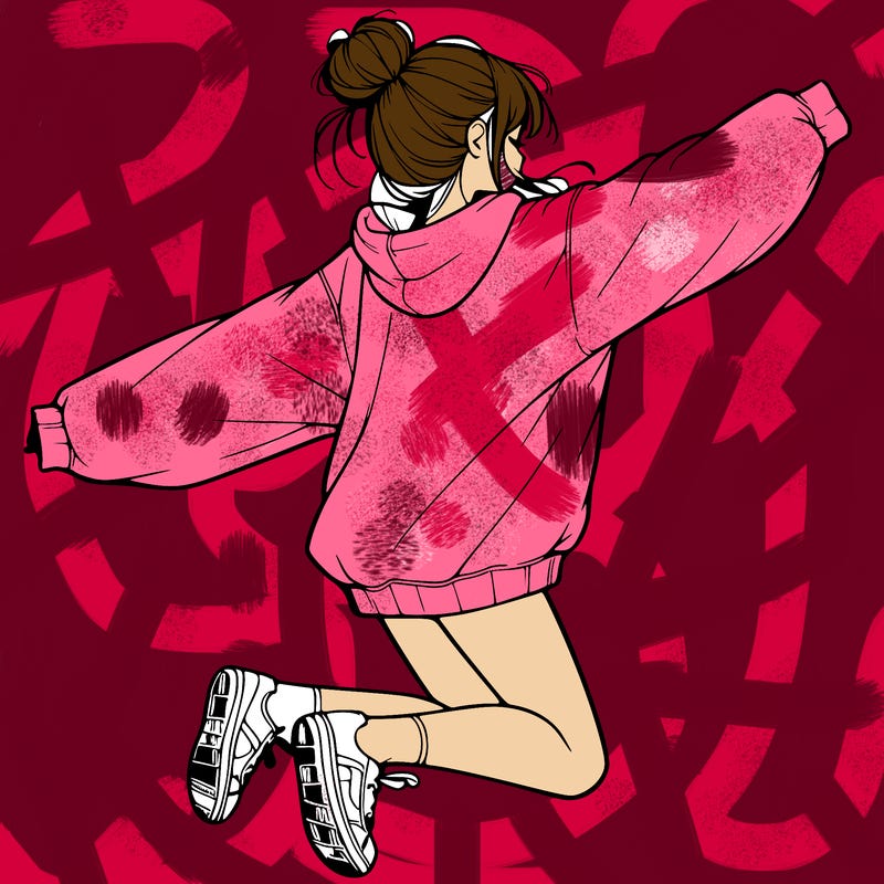 realistic girl jumping with a bun and oversized sweatshirt