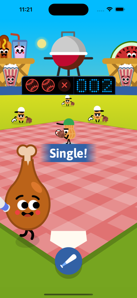 Doodle Baseball Game - Doodle Baseball Game with a chicken leg batter hitting a single on a picnic themed field