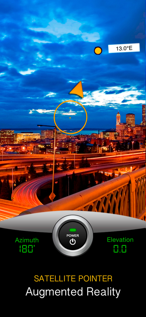 SatFinder Pro Satellite Finder - Ponteiro de satélite de realidade aumentada mostrando coordenadas de azimute e elevação sobre uma visualização de câmera da cidade.