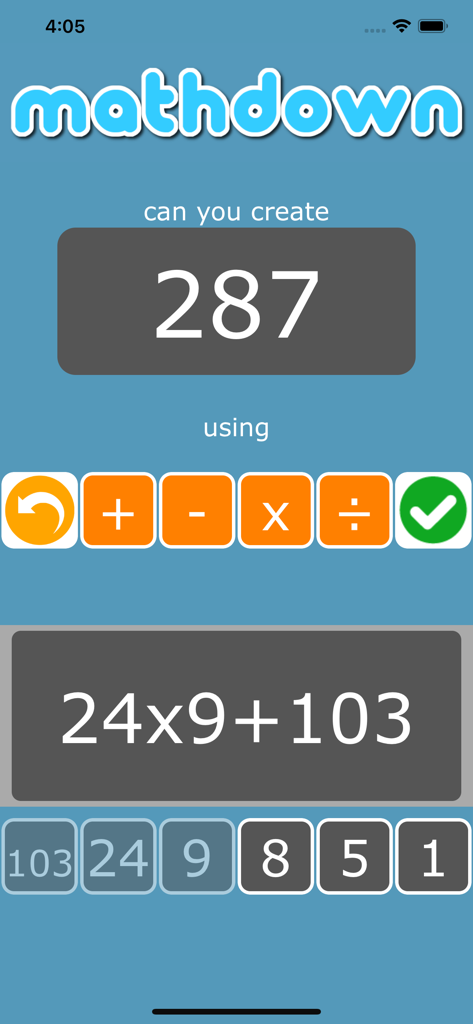 mathdown - Mathdown app interface showing a mental math puzzle challenge