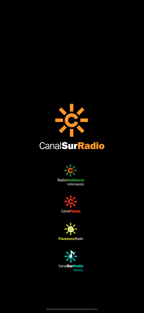 Logos for Canal Sur Radio and its regional stations including Flamenco Radio and Canal Fiesta on a black background