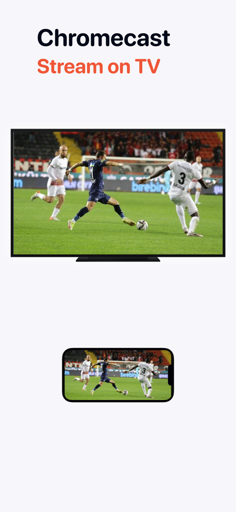 Video Saver PRO+ Player - Video Saver PRO+ Player app casting a soccer match from a smartphone to a television screen using Chromecast