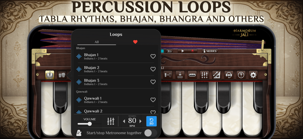 Harmonium Jali - Interfaz de la aplicación Harmonium Jali mostrando una lista de bucles de percusión que incluyen ritmos de Tabla, Bhajan y Bhangra