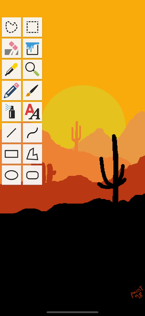 Paint 98 - A pixel art desert landscape with cacti and a sunset created using the Paint 98 retro drawing interface.