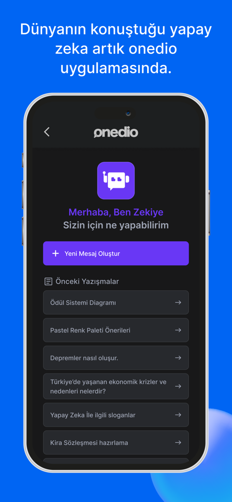 Onedio – İçerik, Haber, Test - La interfaz del chatbot de inteligencia artificial Zekiye dentro de la aplicación móvil Onedio.