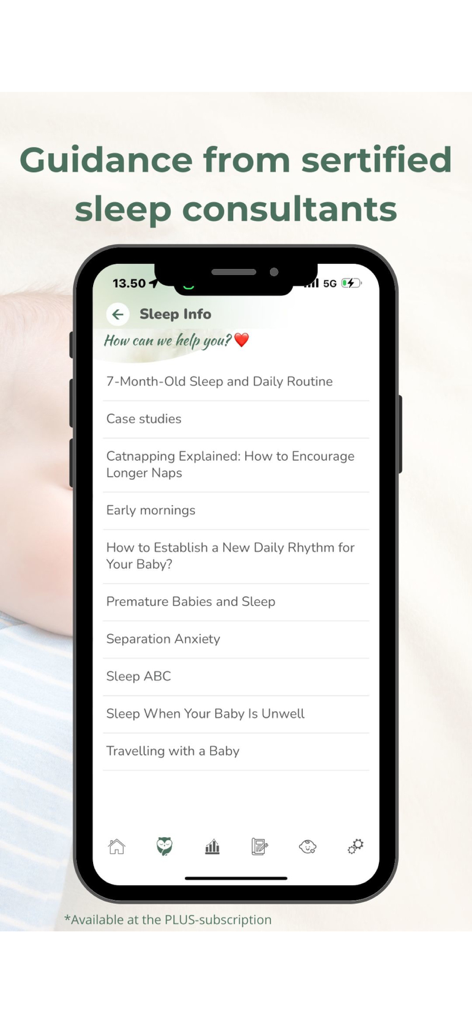 iZzzleep – Baby Sleep Coach - iZzzleep app screen showing a list of baby sleep guidance articles from certified experts