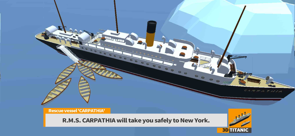 Simulation 3D du navire de sauvetage R.M.S. Carpathia avec des canots de sauvetage et un iceberg