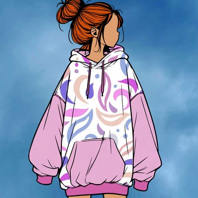 realistic girl with a oversized sweatshirt on and a bun