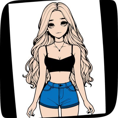 a realistic girl with long hair and in a crop top and shprts