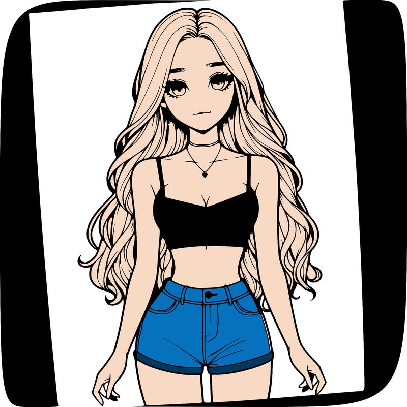 a realistic girl with long hair and in a crop top and shprts
