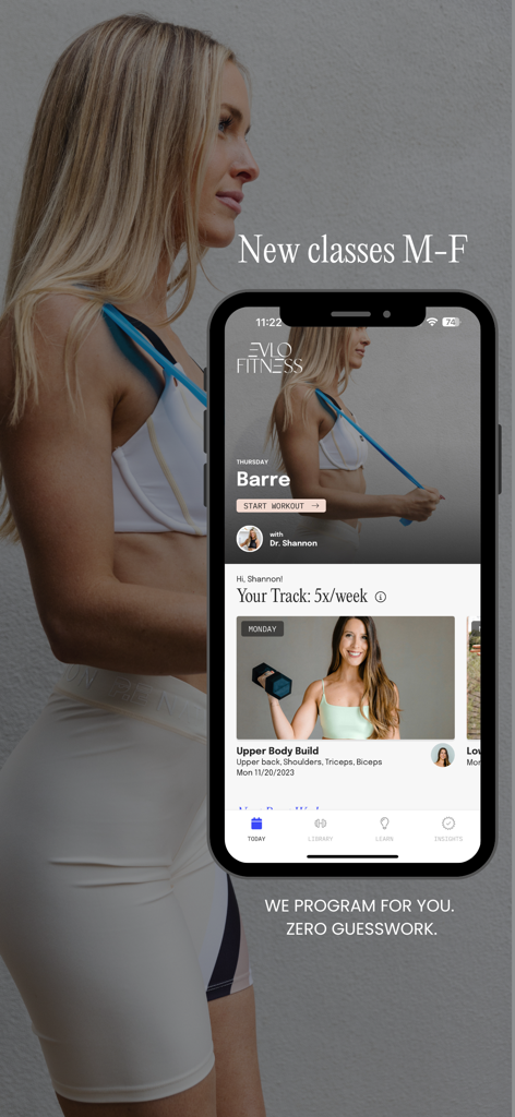 Evlo Fitness - iPhone screen displaying the Evlo Fitness app home page with scheduled barre and upper body workouts
