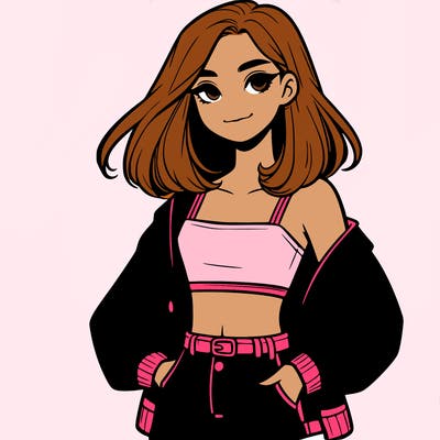 a realistic girl with a crop top and short shorts in an open jacket