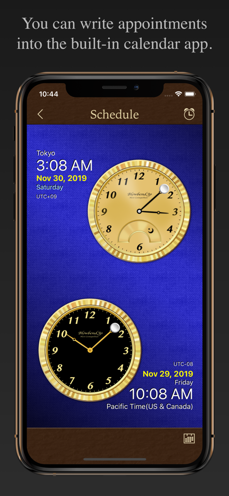 TiZo Pro - TiZo Pro app interface showing dual mechanical clock faces for comparing Tokyo and Pacific Time on the schedule screen