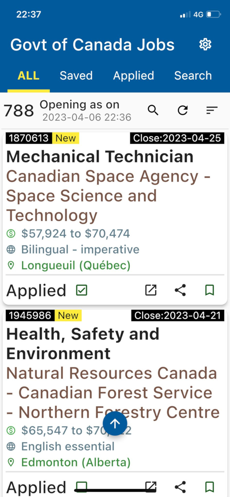 Captura de pantalla de la interfaz de la aplicación Empleos del Gobierno de Canadá que muestra una lista de vacantes de empleo que incluye un puesto de Técnico Mecánico y un puesto de Salud, Seguridad y Medio Ambiente.